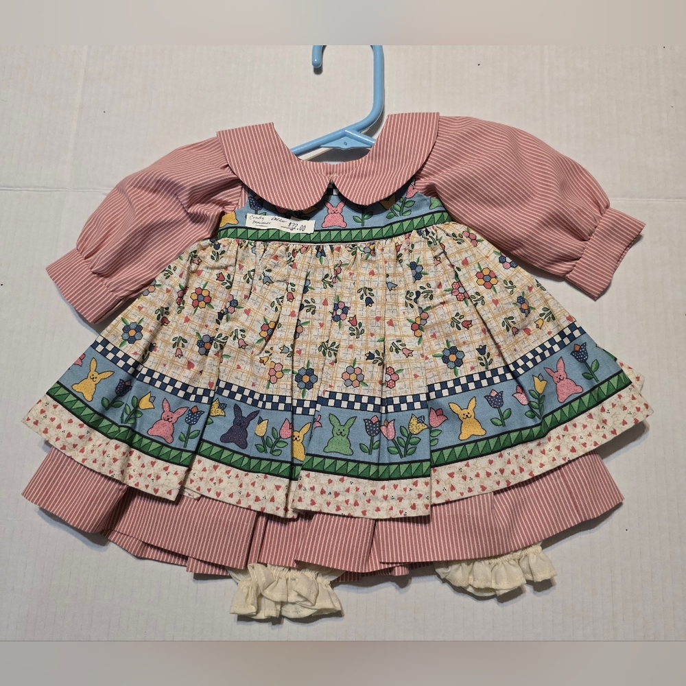 Handcrafted Doll Dress 3pc Outfit Pantaloon Bloomers Bunnies Tulips Spring